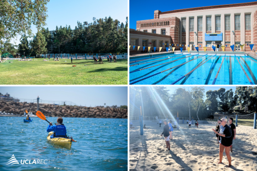 four images, top left of grassy field of SCRC, top right: SAC pool, bottom left: a person kayaking, bottom right: people playing sand volleyball