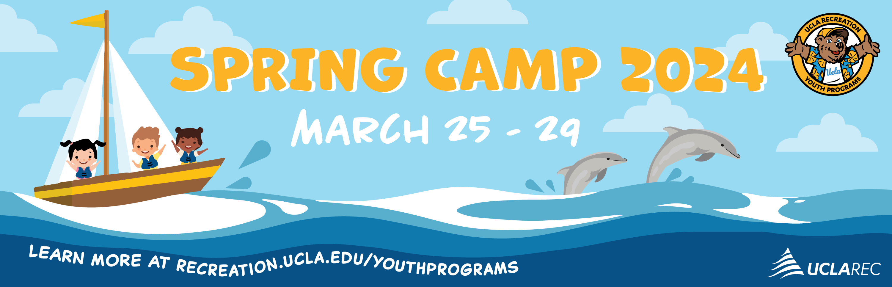 Spring Camp 2024 March 25-29. Graphic of children in a sail boat