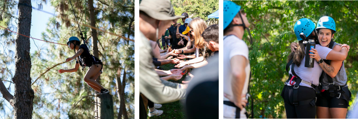 3 images, first of student on high ropes course, second of students lined up facing each other playing fast hands, third, two students hugging aftger completing a ropes challenge