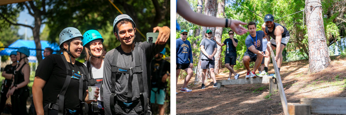 students on rope course taking a selfie