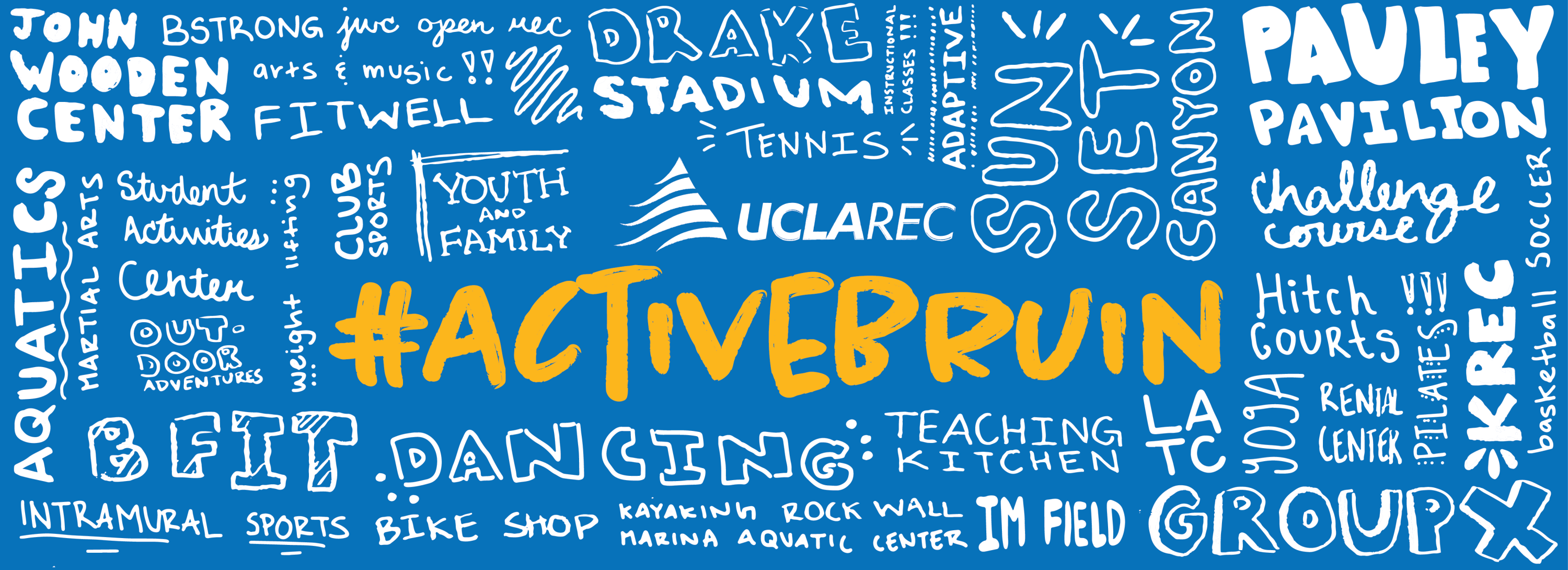 #ActiveBruin, blue graphic with a the names of rec facilities and listed activities in handwriting arranged randomly 