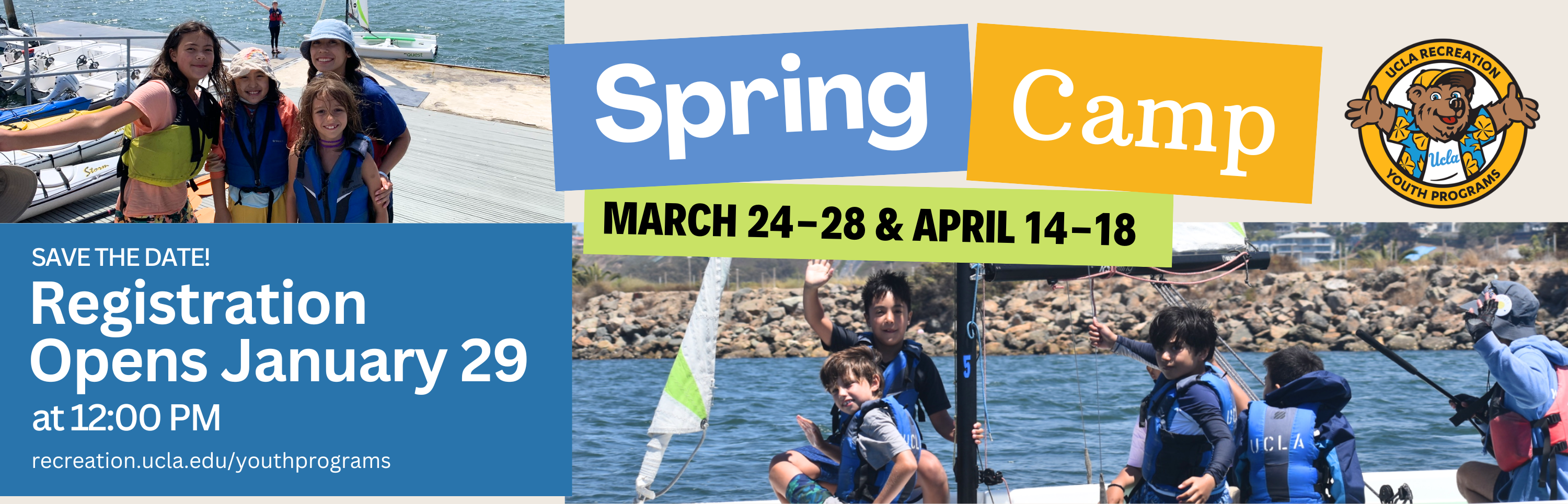 Spring Camp 2025 March 24-28. Graphic of children on a sail boat and on the Marina dock. Registration opens january 29 at noon. 