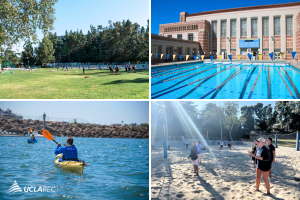four images, top left of grassy field of SCRC, top right: SAC pool, bottom left: a person kayaking, bottom right: people playing sand volleyball