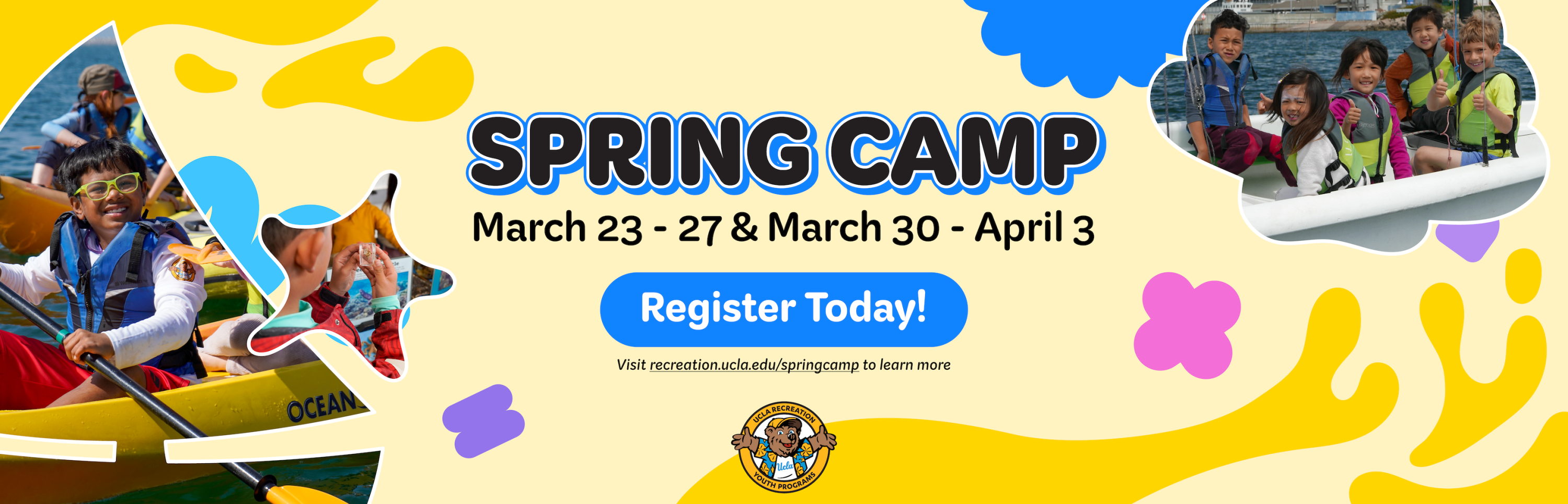 Spring Camp 2026 March 23-27 and March 30 - April 3. Graphic of children on a sail boat and on the Marina dock. Registration opens january 29 at noon. 