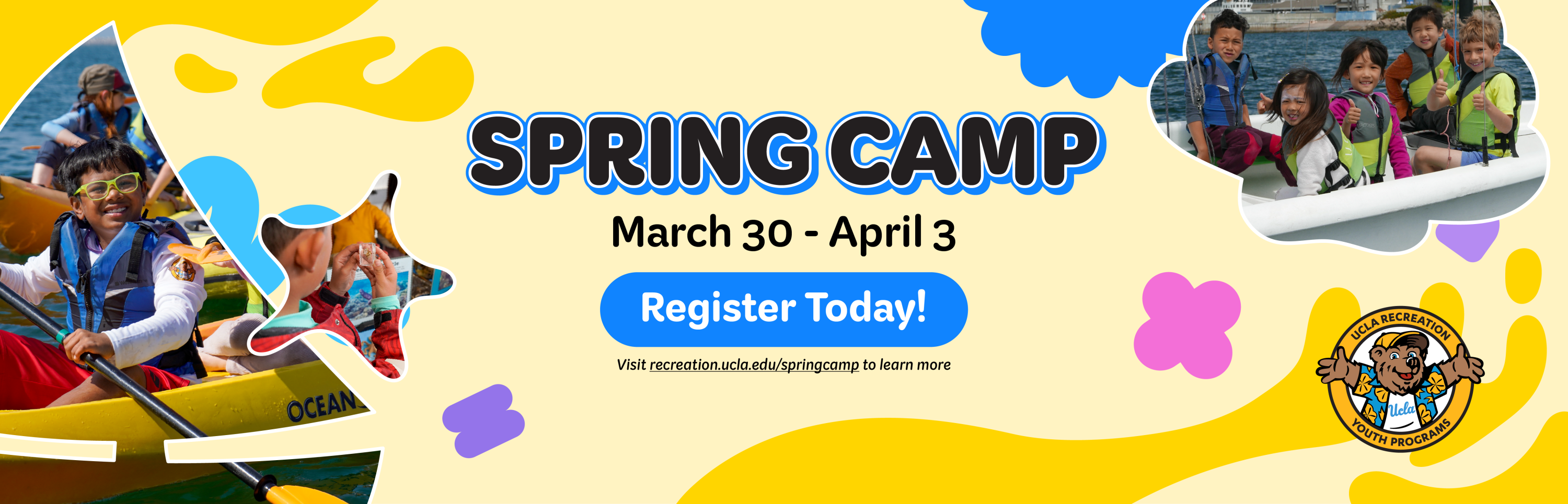 Spring Camp 2026. March 30 - April 3. Graphic of children on a sail boat and on the Marina dock. Register Today!