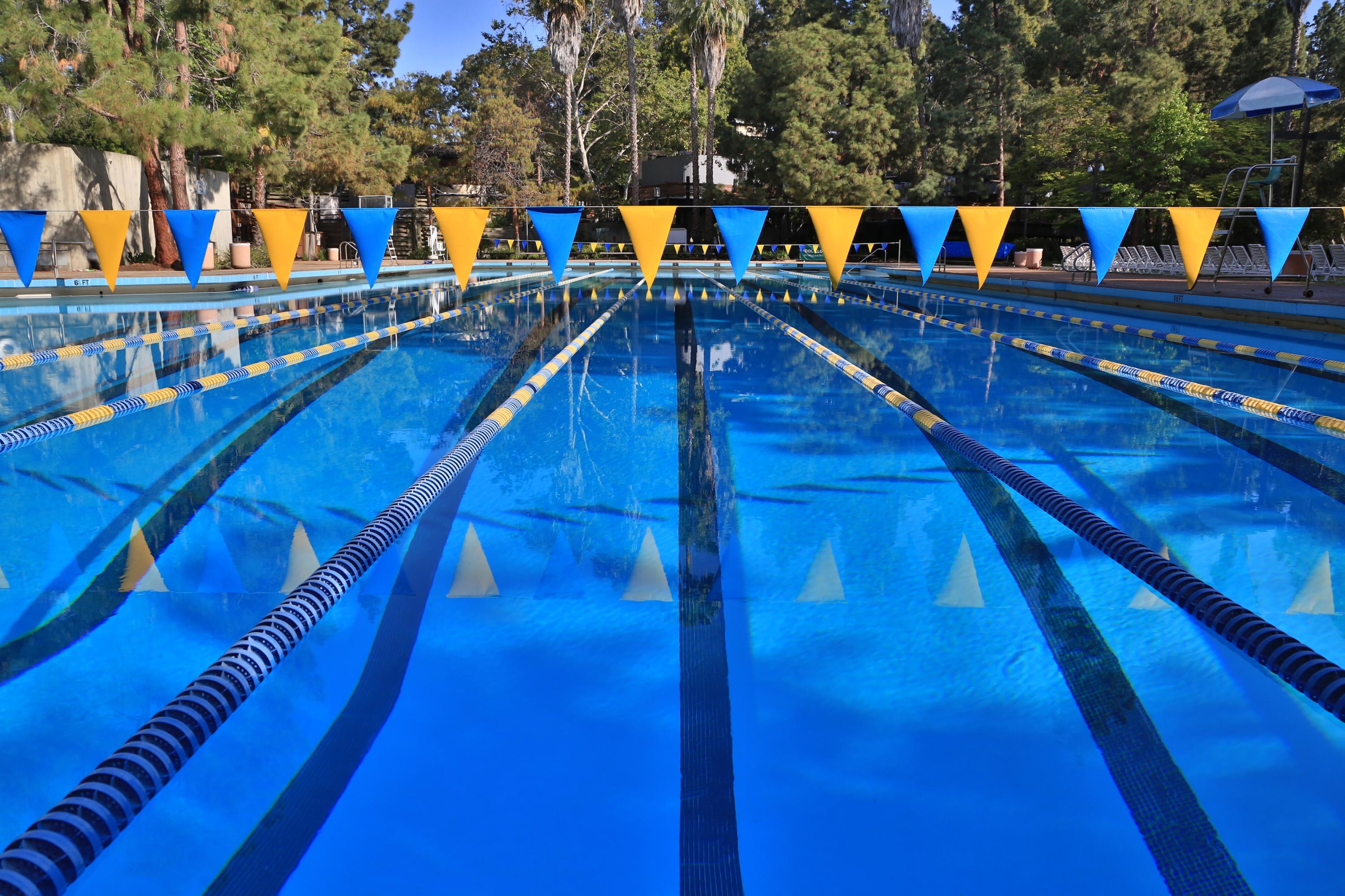 yellow and blue flags over blue lane pool