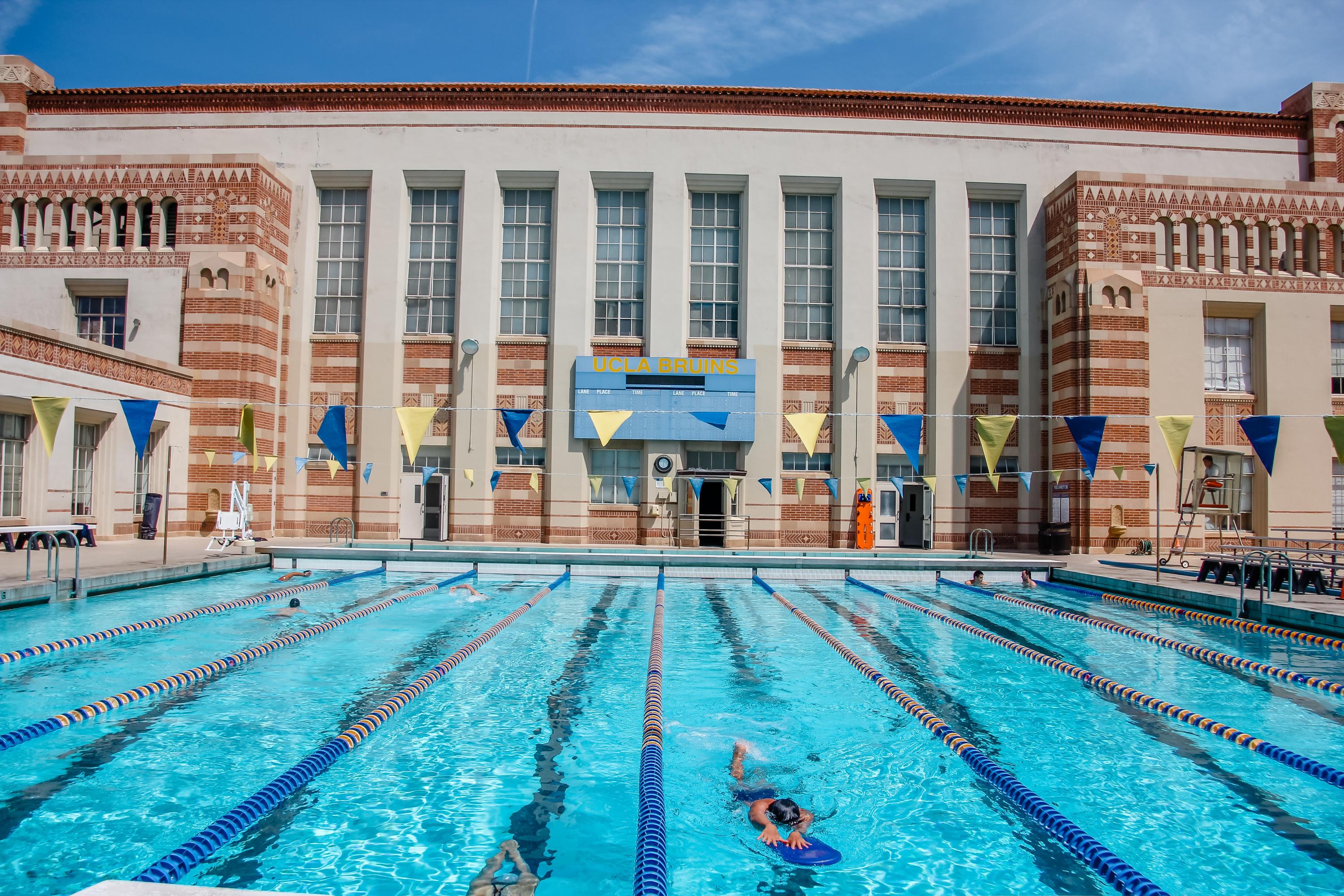 pool with lanes and building in background