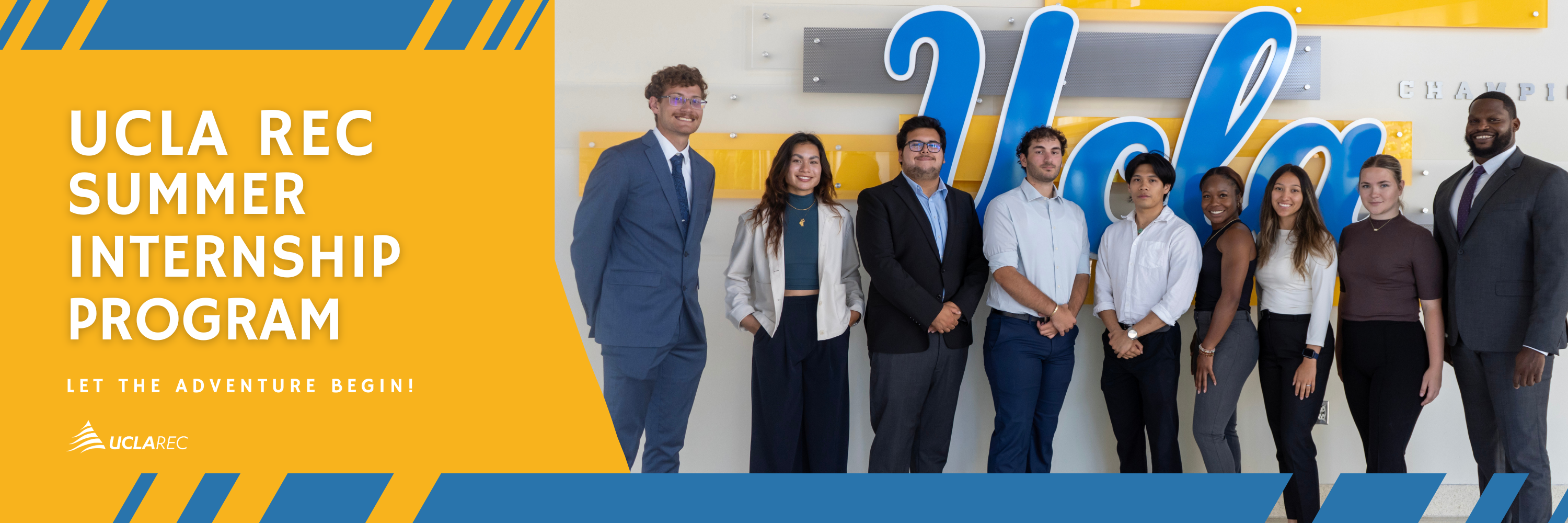 UCLA Rec Summer Internship Program. Let the adventure begin! Photo of 2024 cohort of 9 students.