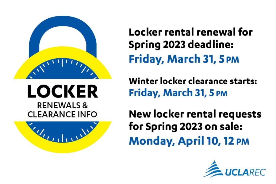 Locker rental renewal for Spring 2023 deadline Friday, March 31, 5 pm. Winter locker clearance starts Friday, March 31, 5pm. New locker rental requests for Spring 2023 on sale Monday, April 10, 12 pm.