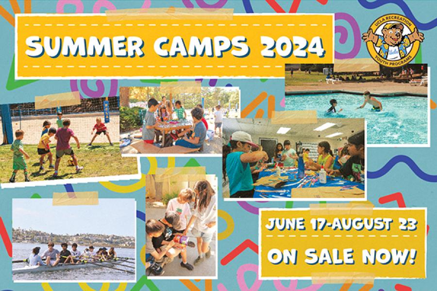 Summer Camps 2024, June 17 - August 23 on sale now. Photo collage of campers at camp