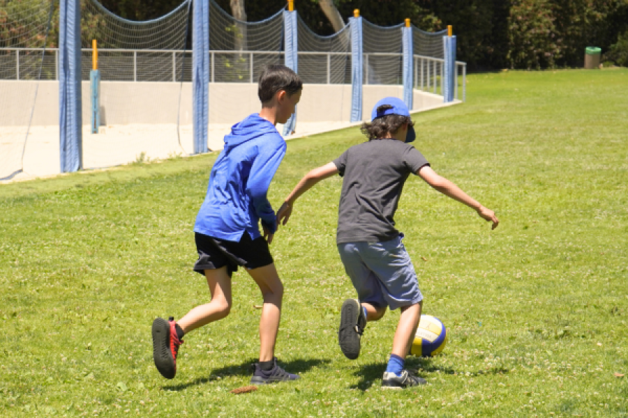 two kids kicking a soccer ball on the grass