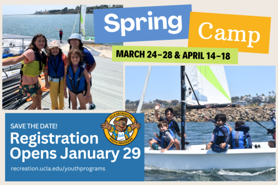 Spring Camp 2025 March 24-28. Graphic of children in a sail boat. Registration opens January 29