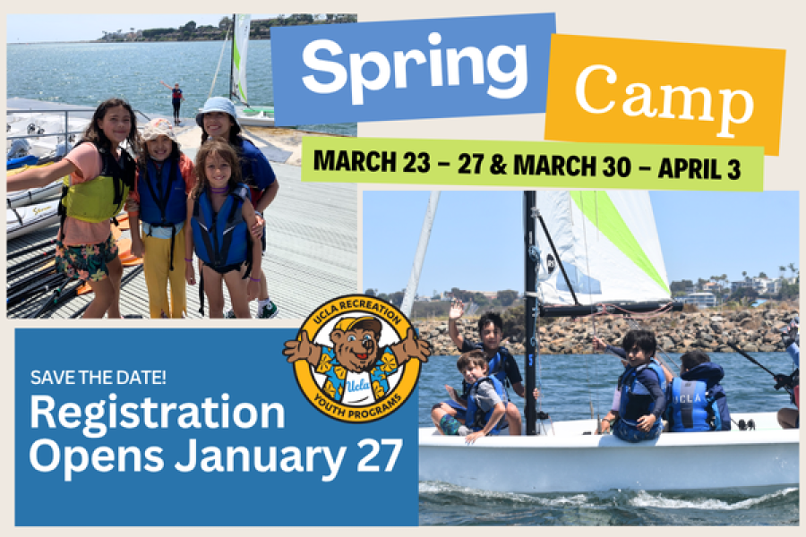 Spring Camp 2026 March 23-27 and March 30 - April 3. Graphic of children on a sail boat and on the Marina dock. Registration opens january 29 at noon. 