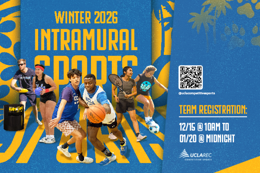 Winter 2026 Intramural Sports. Team registration 12/15 starts from 10 am until 1/20 at Midnight. Photos of students playing various sports