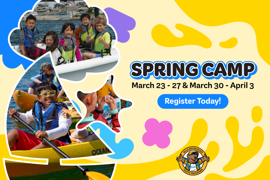 Spring Camp March 23-27 & March 30 - April 3. Colorful graphics along with two photos of kids on sailboat and kayaks 