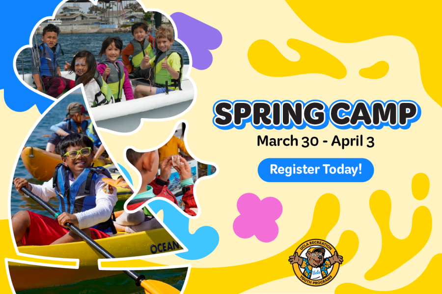 Spring Camp. March 30 - April 3. Colorful graphics along with two photos of kids on sailboat and kayaks.