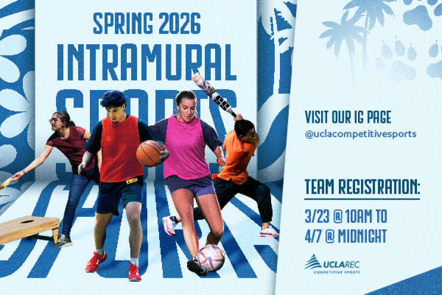 Spring 2026 Intramural Sports. Team registration 3/23 starts from 10 am until 4/7 at Midnight. Photos of students in background playing various sports.