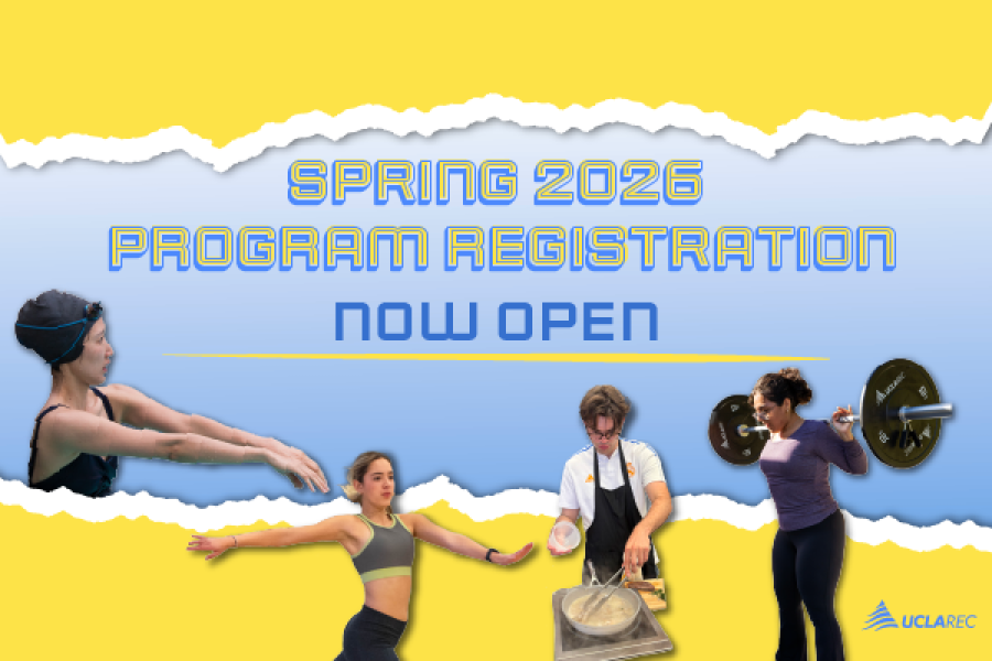 spring 2026 program registration now open. Images of woman swimming, a dance participant, someone preparing a meal, and someone lifting a barbell. 