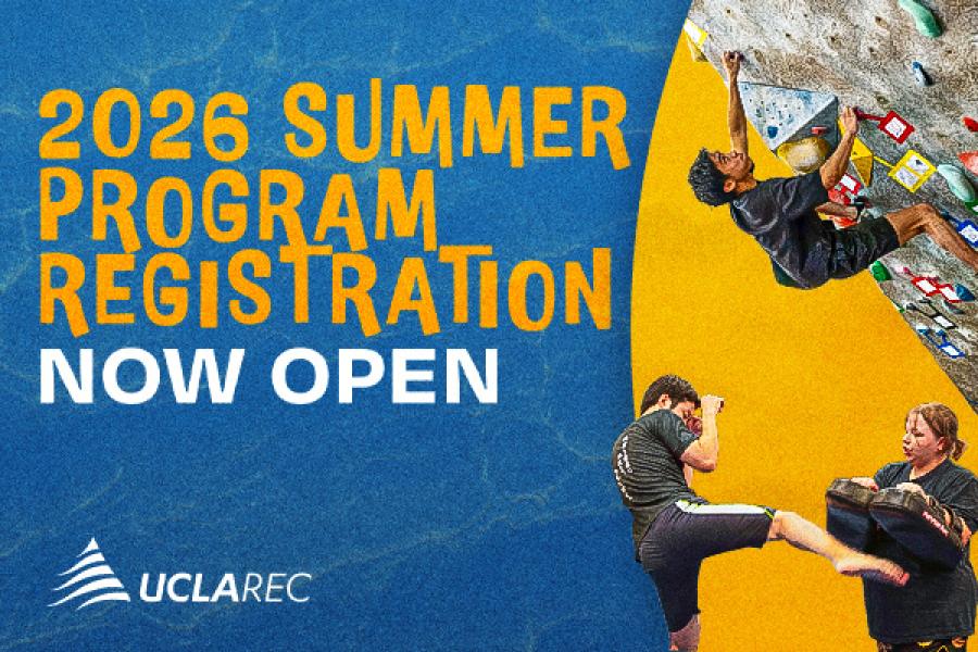 2026 Summer Program Registration Now Open. Photo of kickboxers and indoor rock wall climber.