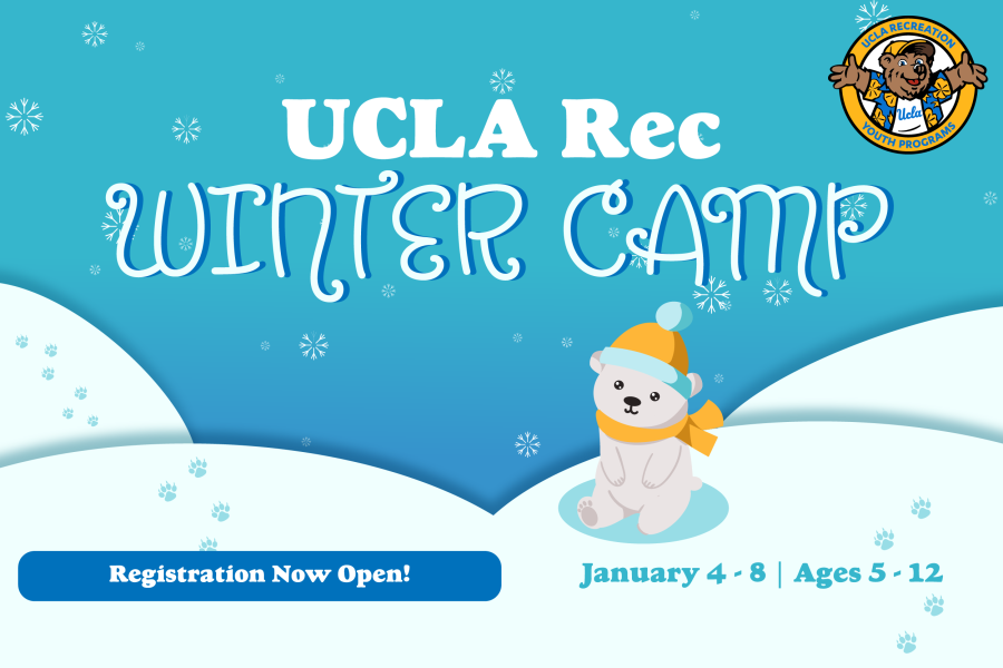ucla rec winter camp, registration now open. january 4-8, ages 5-12. graphic of snowy hills with a polar bear and the youth and family programs logo in the top right corner.